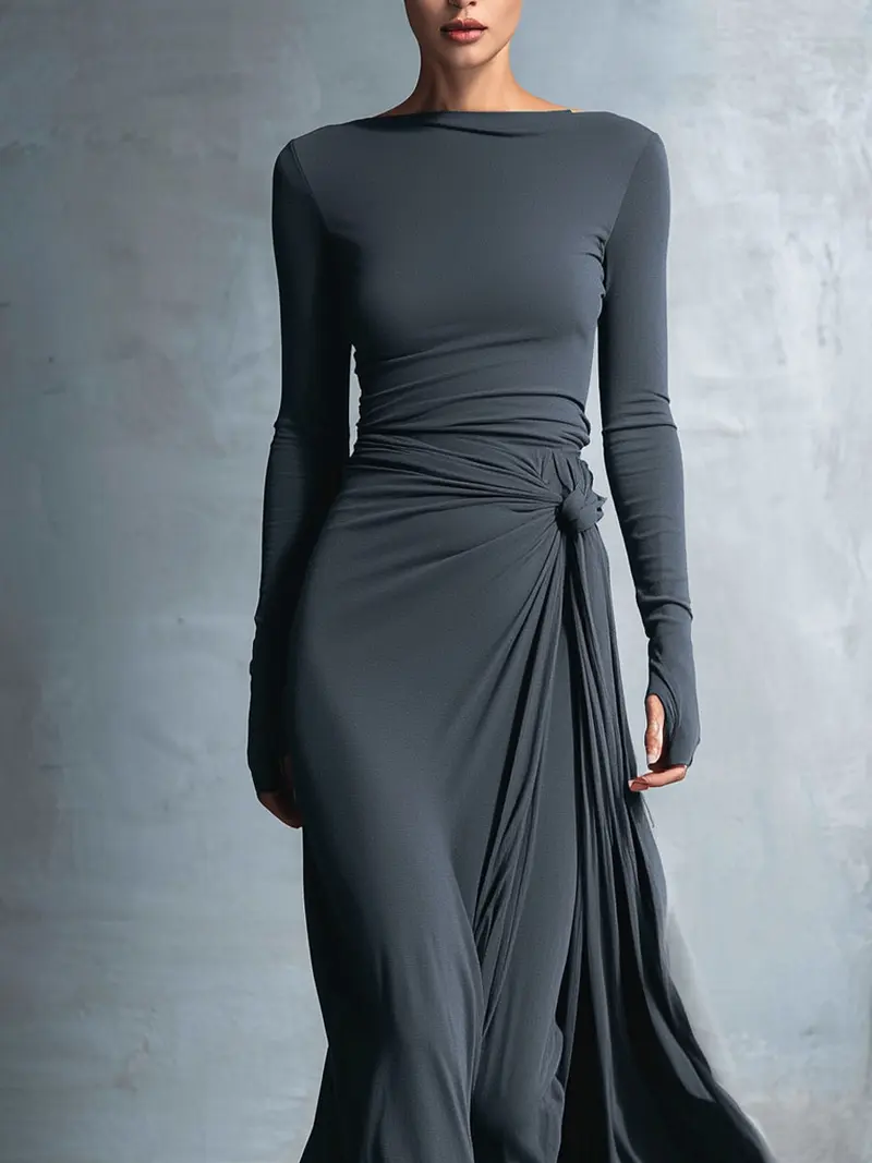 Laura | Damen Elegant Drapiertes Langarm Maxikleid