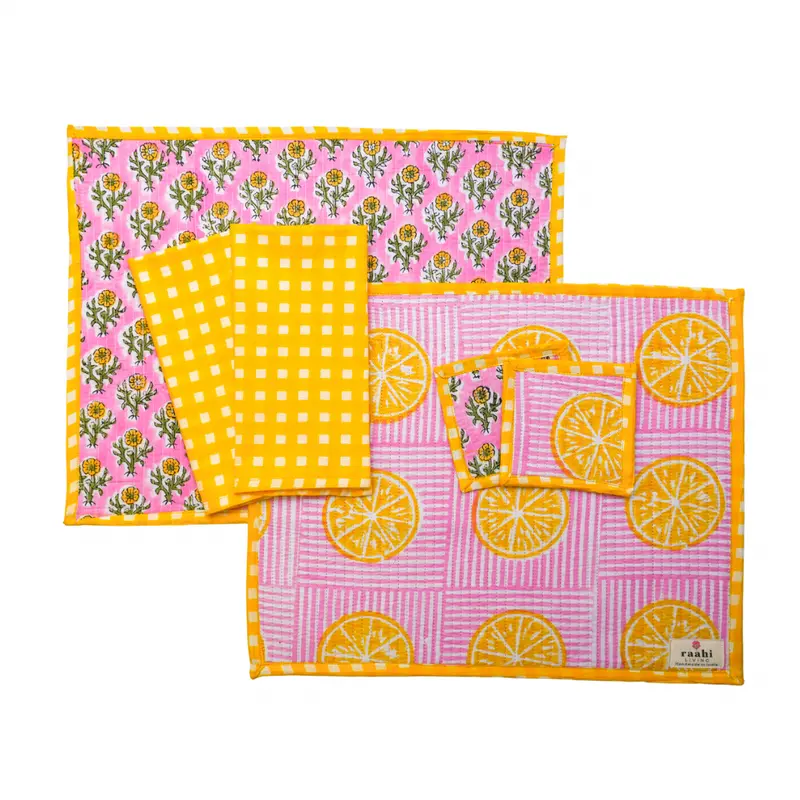 Lemon Summer Block Print Reversible Placemat Set of 2