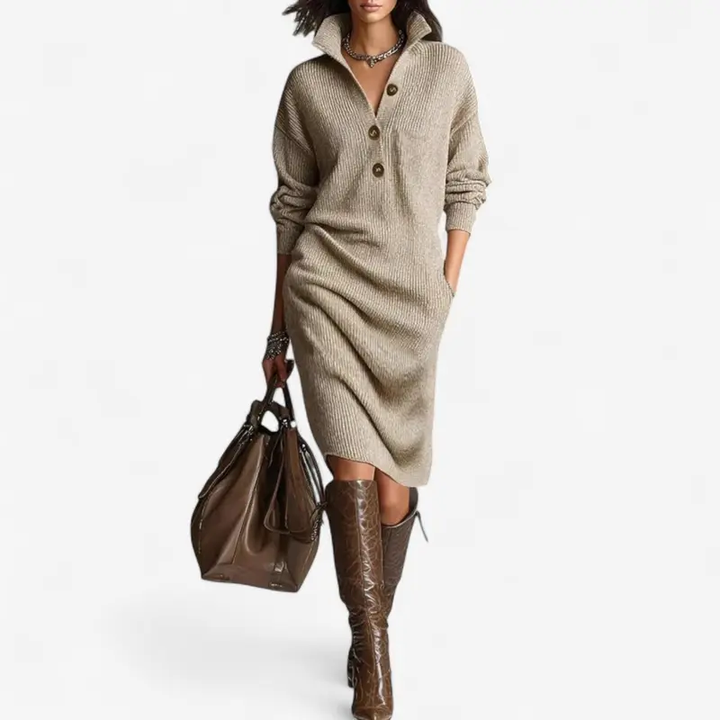 Lena | Damen Strickkleid mit Kragen Midi