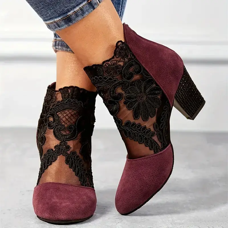 Léontine | Damen Spitze Stiefeletten mit Blockabsatz