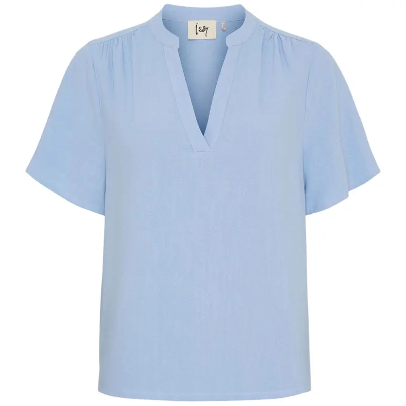 Lichtblauwe korte mouw linnen blouse Pearl
