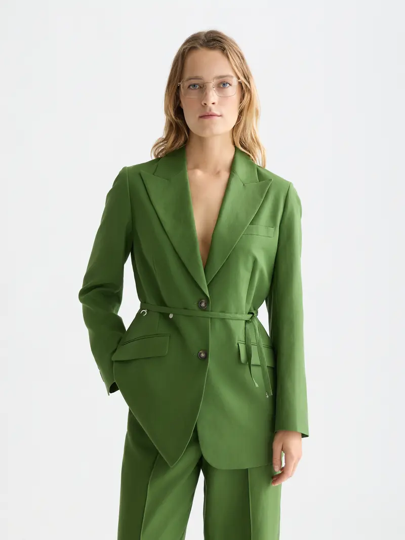 Linen Blend Blazer With Charm Belt