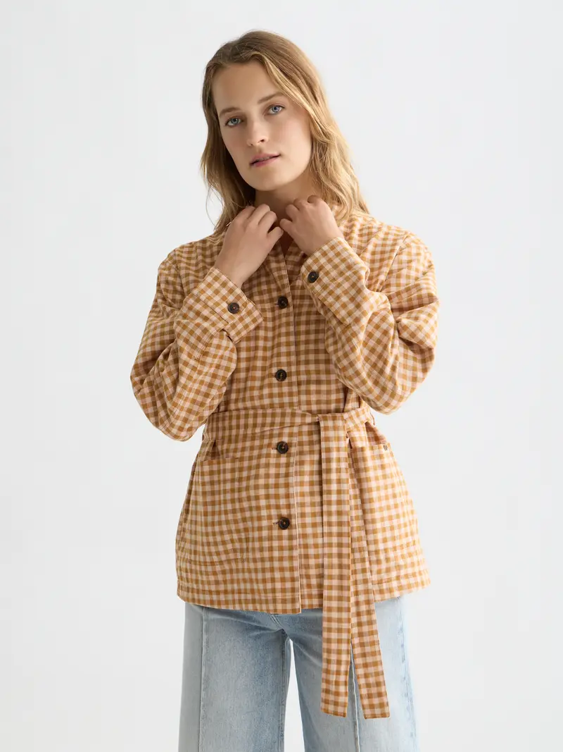 Linen Blend Gingham Belted Blazer