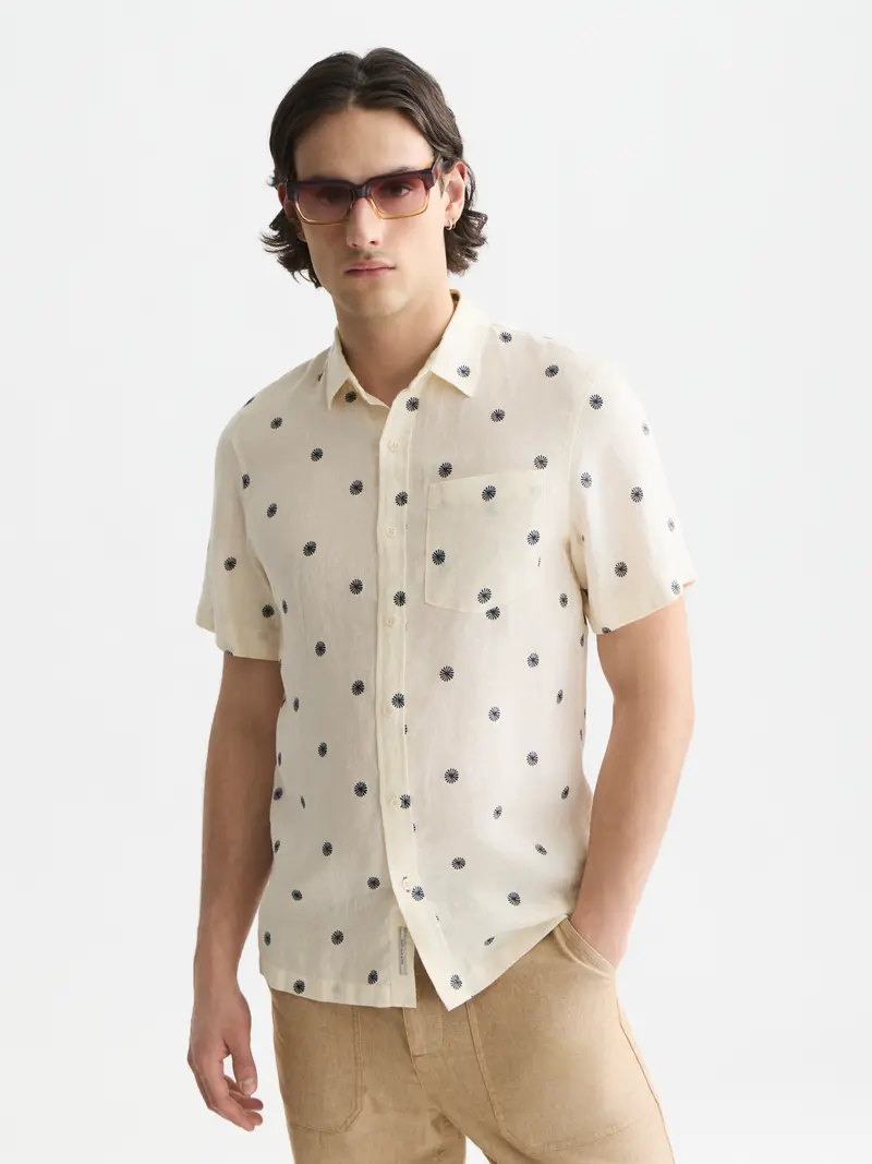 Linen Printed Regular-Fit Short-Sleeved Shirt