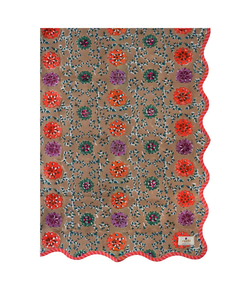 Lucia Golden Floral Hand Block Printed Tablecloth
