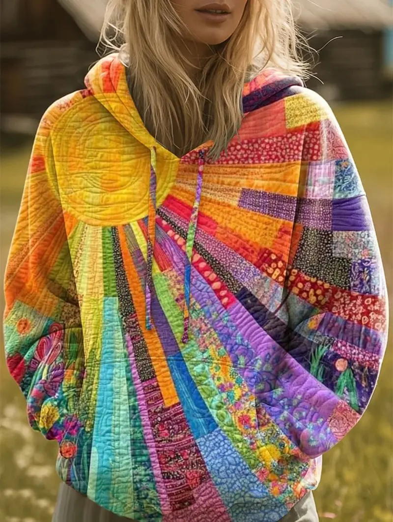 Luisa | Damen Sweater Bunter Patchwork Kapuzenpullover Boho Sonnenmuster