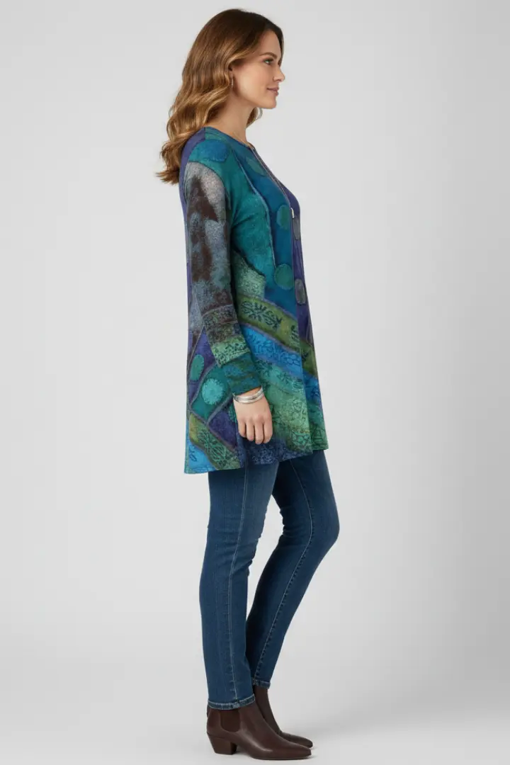 Magdalena | Damen Langarm Tunika mit Patchwork Muster