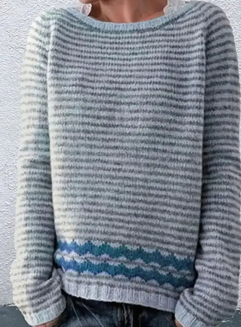 Marie | Damen Gestreifter Rundhals Strickpullover mit Wellenmuster