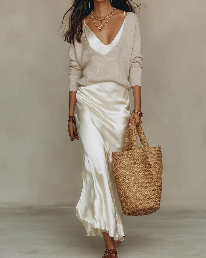 Marlene | Damen Strickpullover & Satin Midi Rock Set