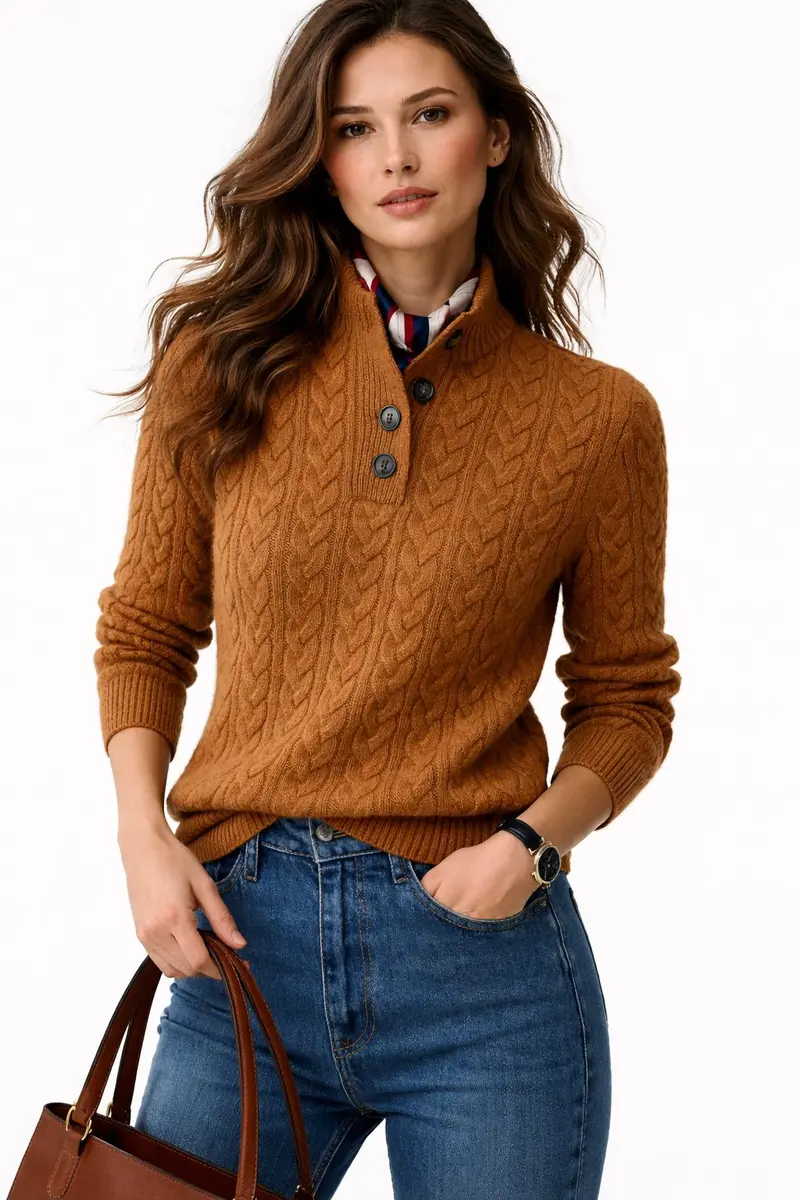 Marlene | Klassischer Zopfstrickpullover Mit Knopfkragen Für Damen