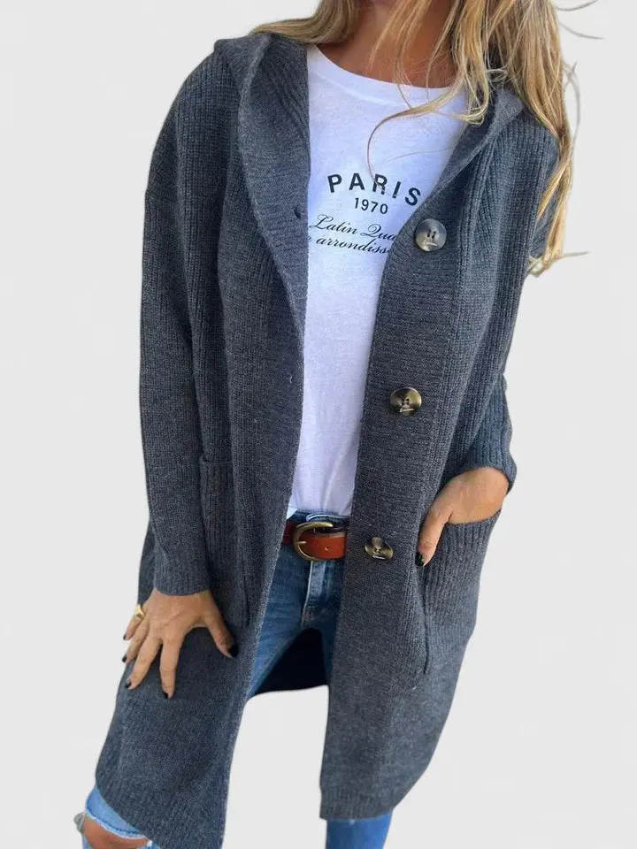 Marlene | Lange Kuschel-Strickjacke Mit Knopfleiste