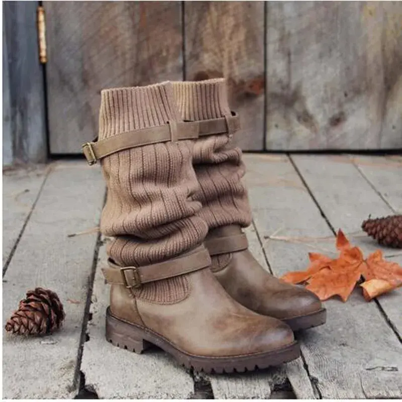 Marvina | Damen Winterstiefel Strickschaft Blockabsatz