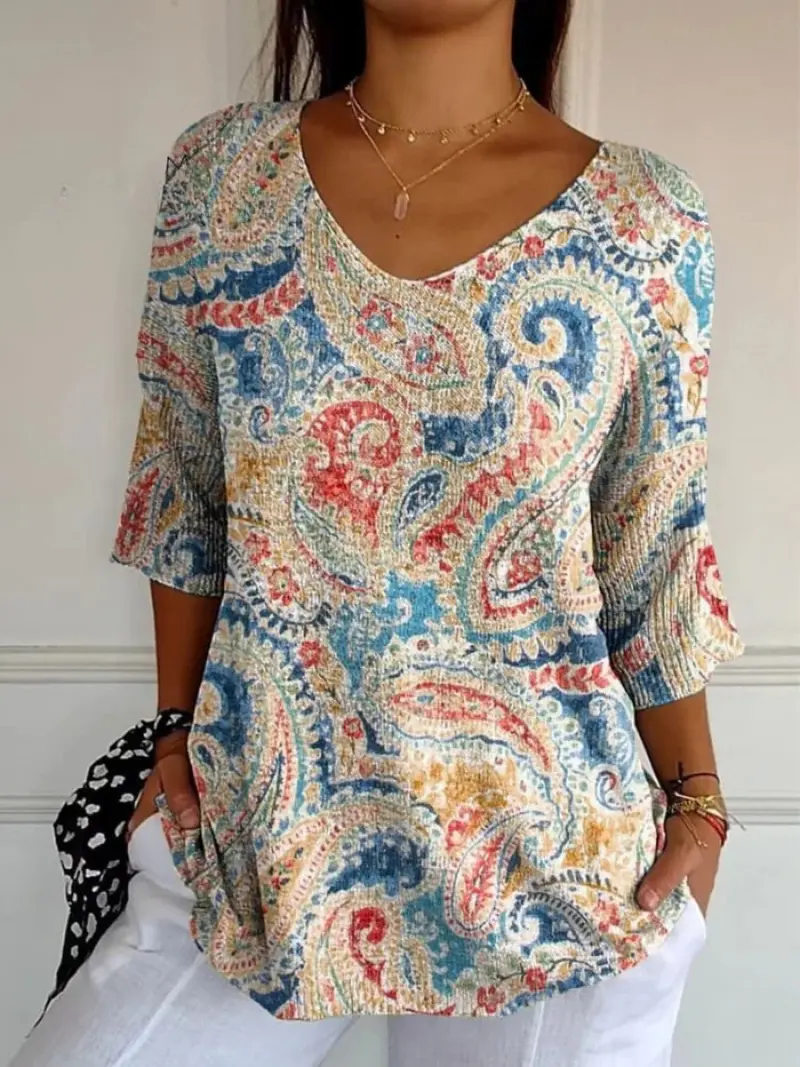 Mary | Damen Vintage Ethnische Blumen Kunstdruck Lässiger Pullover Strick