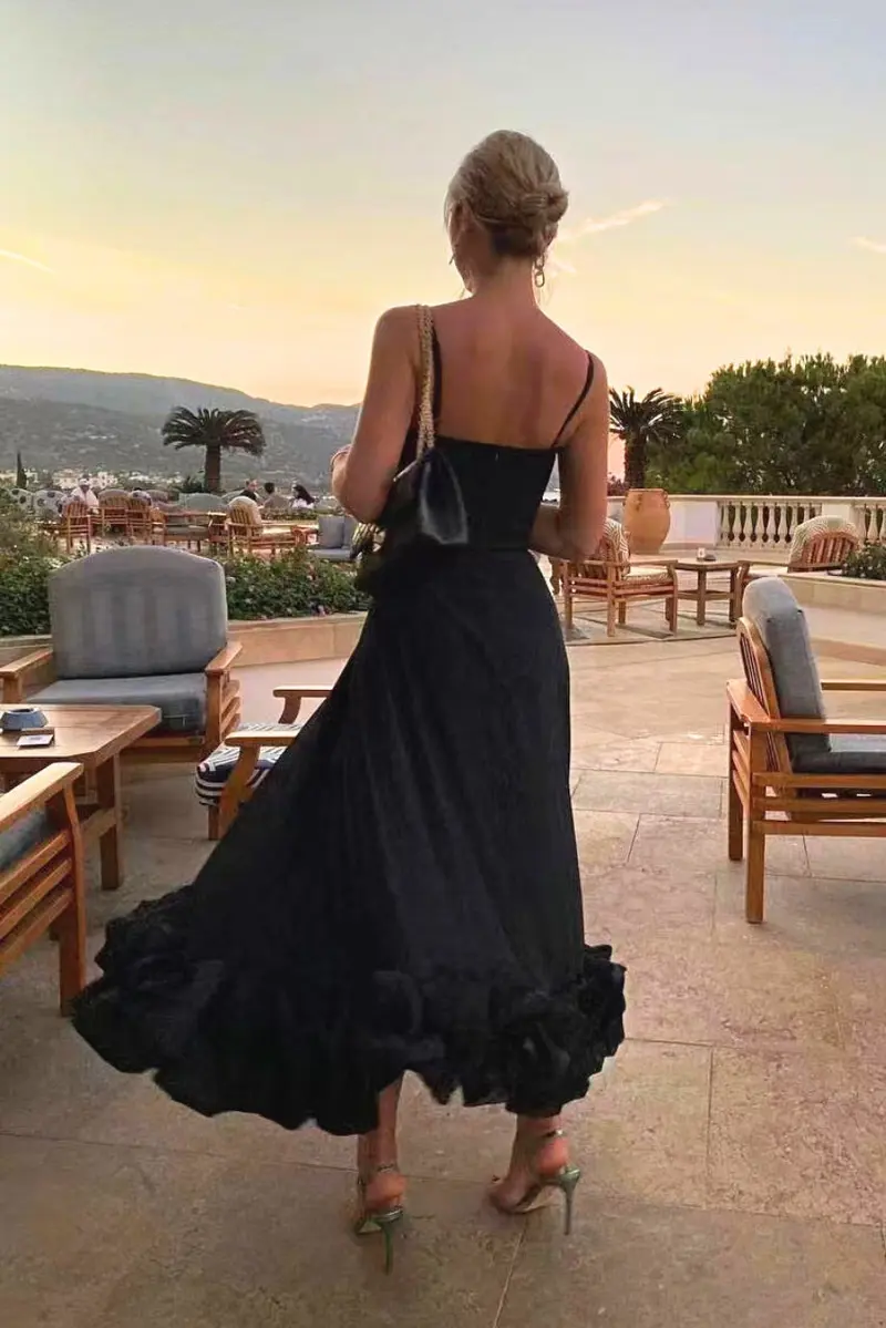 Mathilda | Damen Spaghettiträger Midikleid Rüschensaum