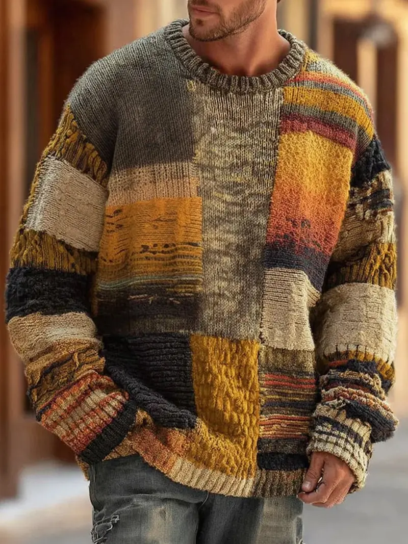 Matthias | Herren Patchwork Grobstrick Pullover Rundhals