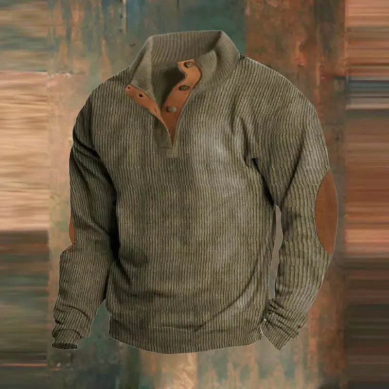 Maximilian | Herren Retro Rippstrick Pullover mit Knopfkragen