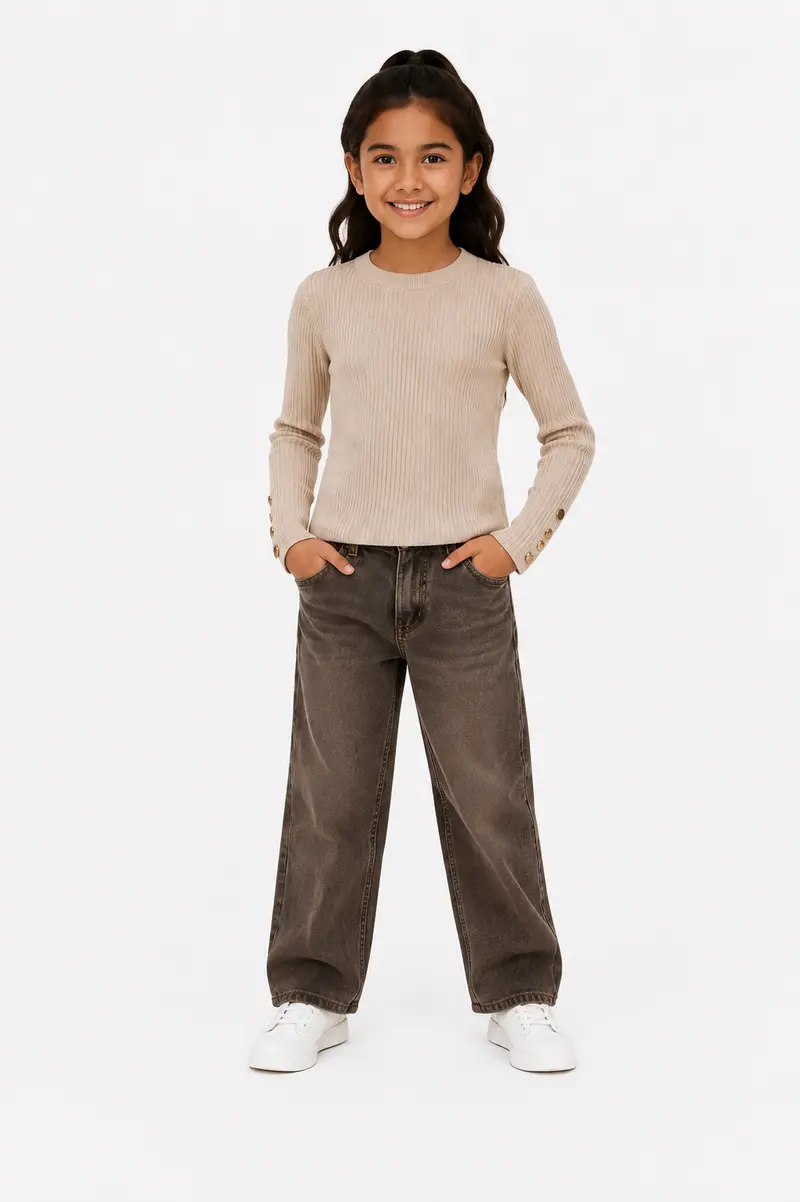 Meisjes Ribgebreide Taupe Trui