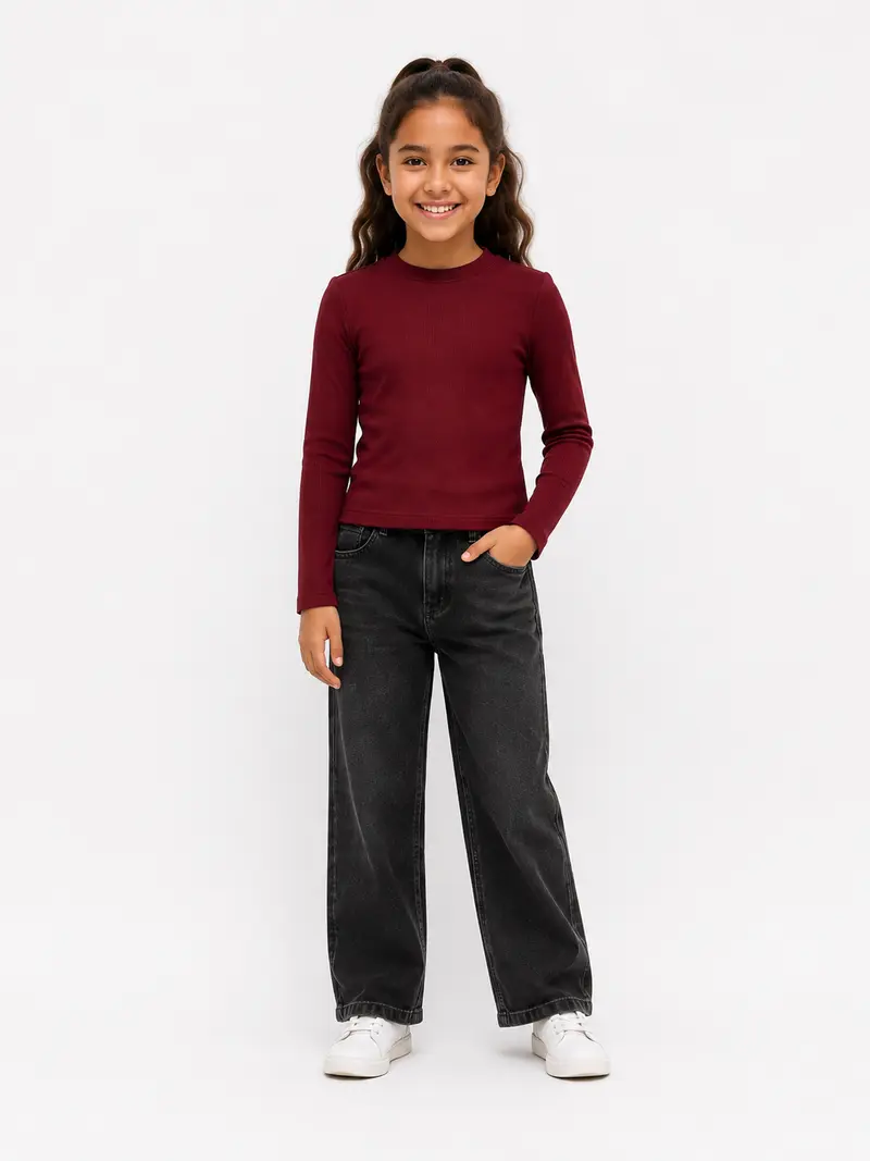 Meisjes Ribgebreide Top – Bordeaux