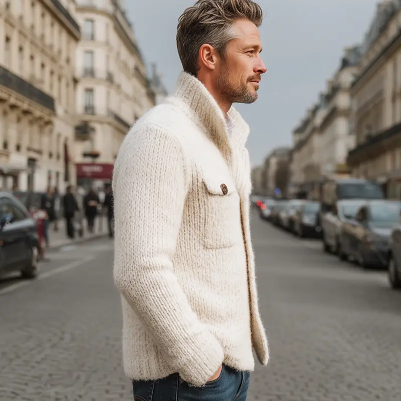 Men's Classic Solid Color Stand Collar Button Cardigan