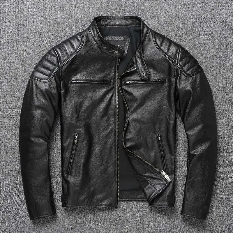 Men's Cowhide Leather Biker Jacket Windproof Stand Collar