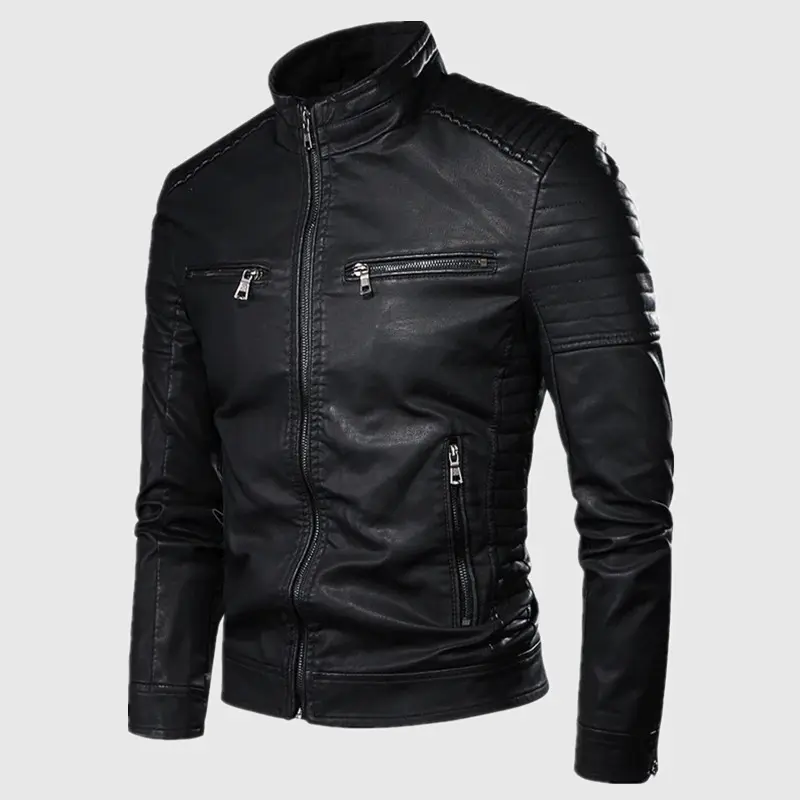 Mens Slim Fit Stand Collar PU Leather Jacket Casual Coat