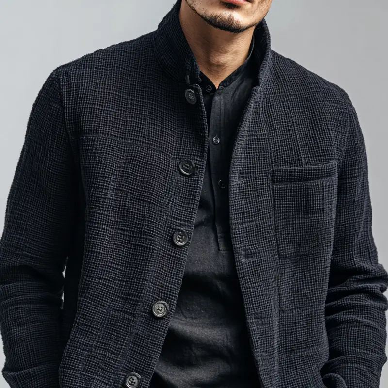 Men's Solid Textured Stand Collar Single Breasted Casual