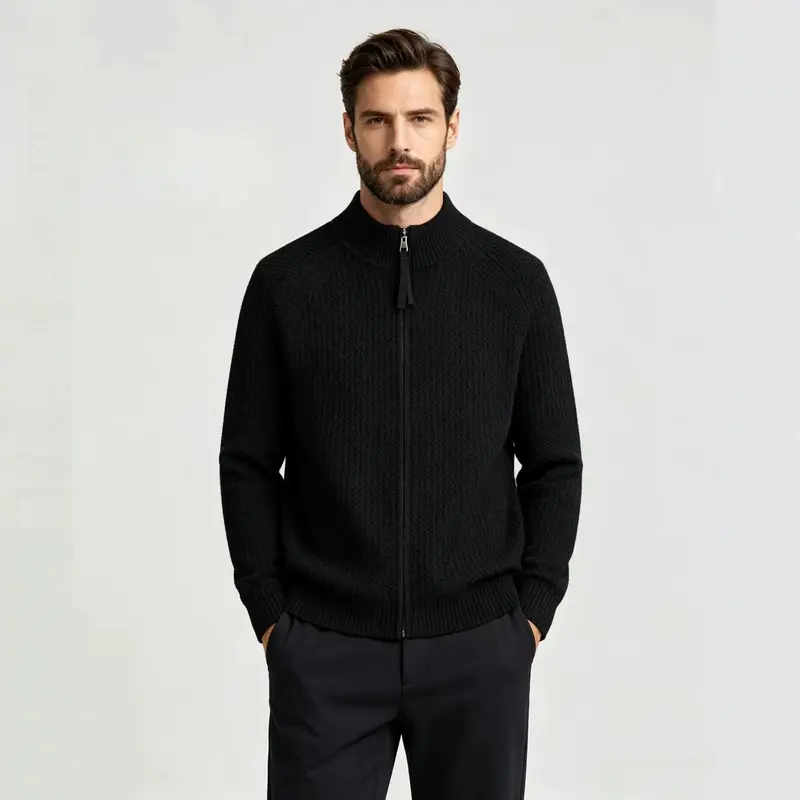 Mens Stand Collar Zip Up Knit Cardigan