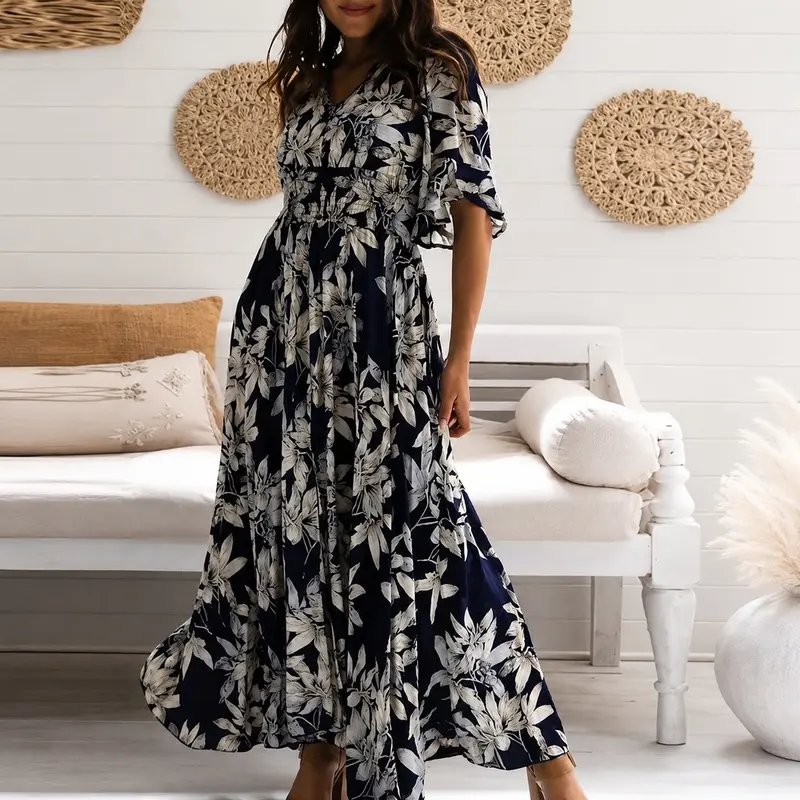Michaela - Stilvolles, Entspanntes Blumen-Midikleid