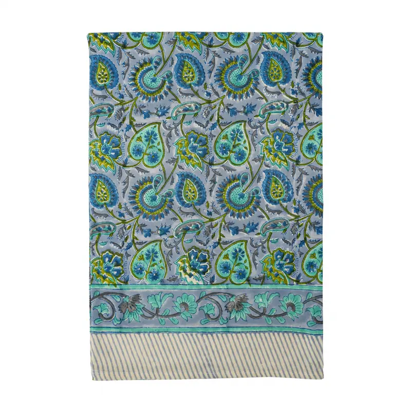 Misty Blue Paisley Hand Block Print Tablecloth 150x220cm