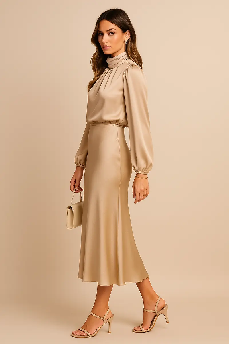Monika | Damen Langarm High-Neck Midikleid