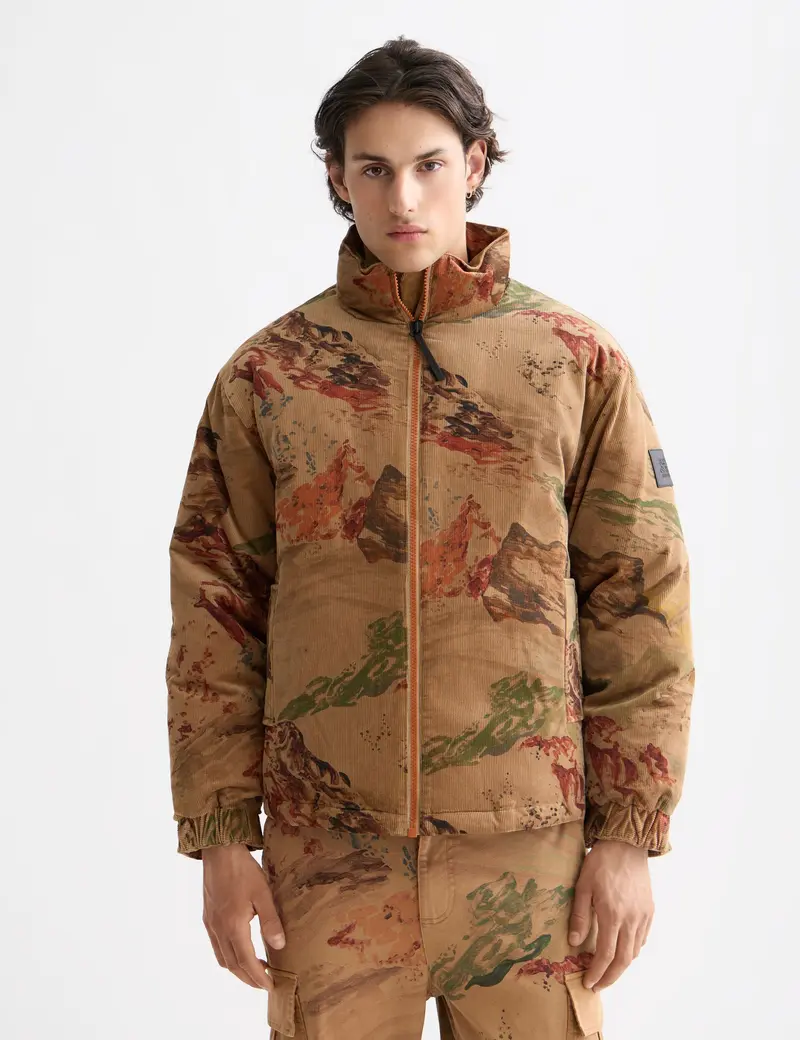 Mountain print corduroy puffer