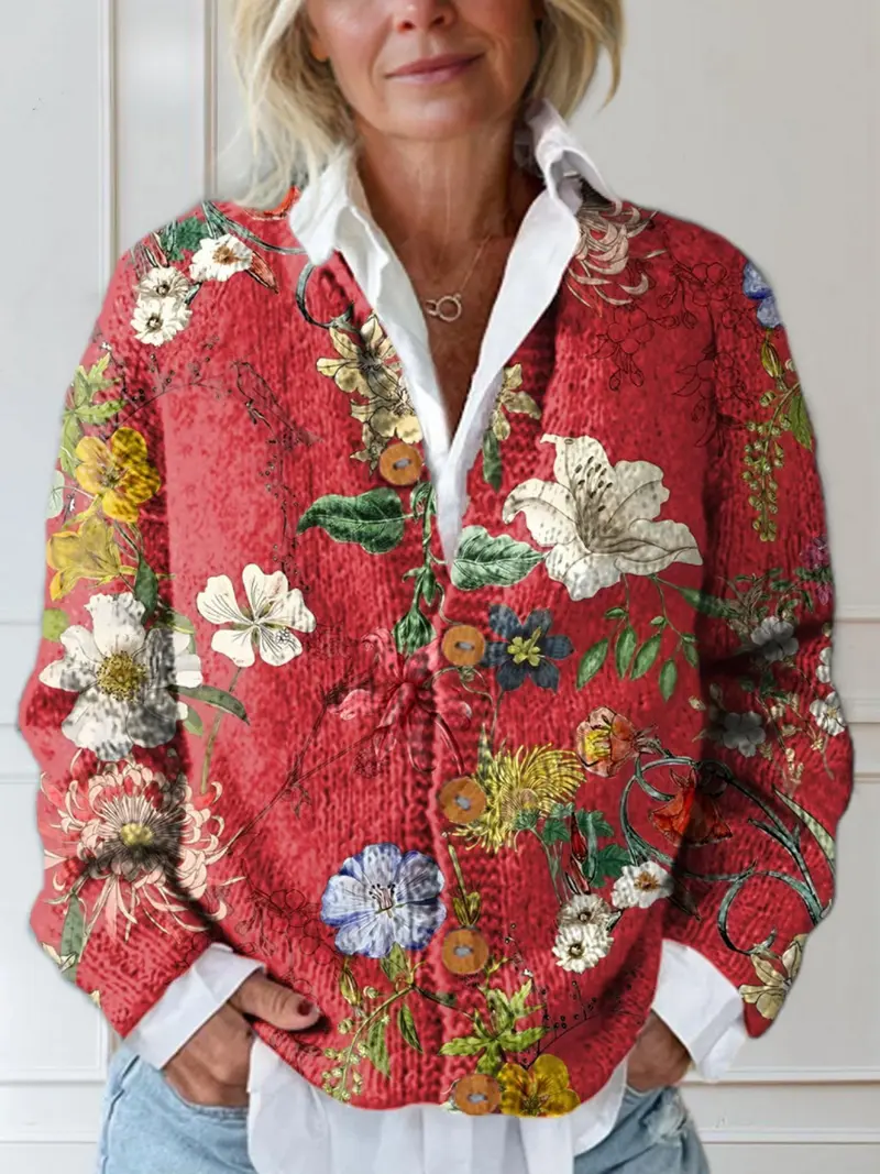 Nadine | Vintage-inspirierte Gesteppte Blumen-Strickjacke