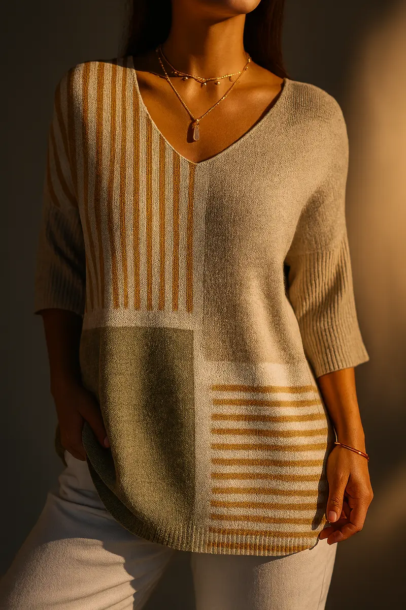 Nevaeh | Damen Abstract Geometric Pattern Kunstdruck Casual Strickpullover