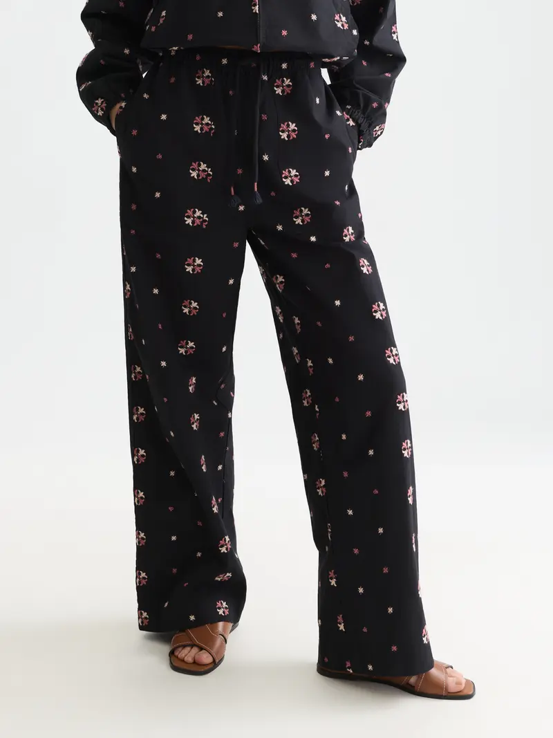 Noa High-Rise Wide-Leg Embroidered Pull-On Pants