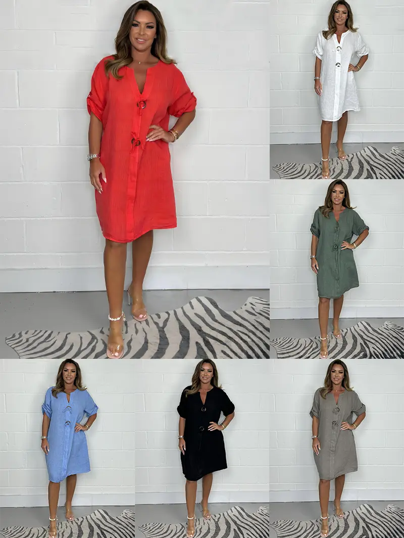 Noeilla - Lässiges Locker Sitzendes Baumwoll Kleid Mit Knöpfen