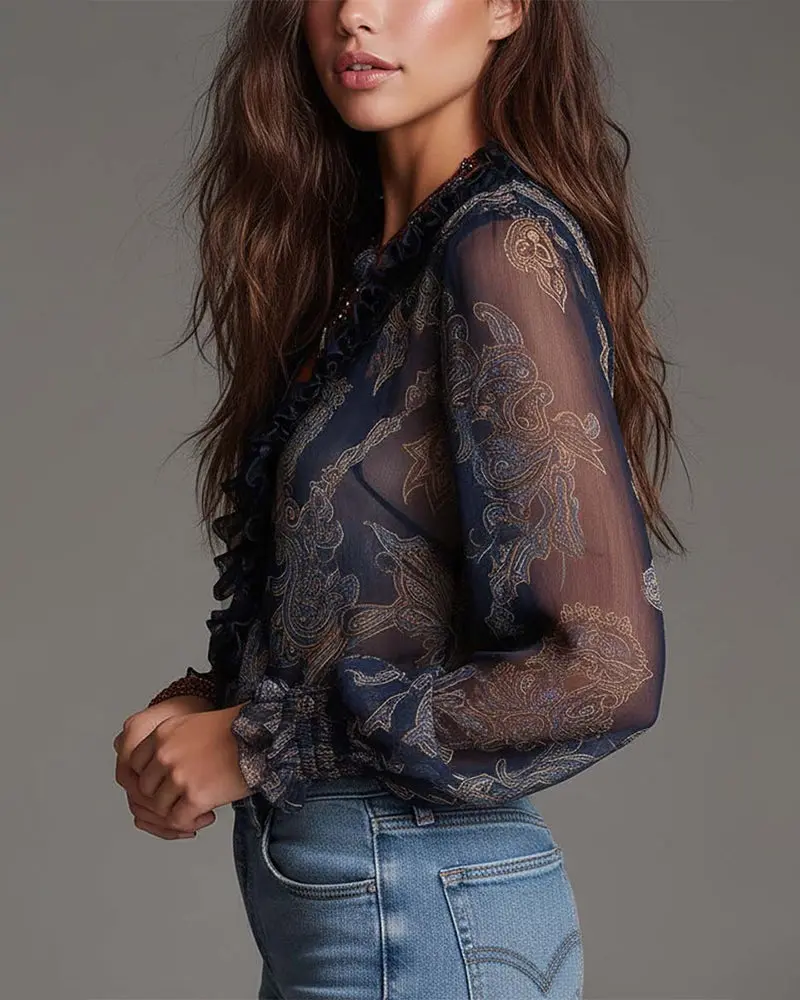 Norayi - Bluse aus Soft-Touch-Material mit Rüschenärmeln, V-Ausschnitt und Print