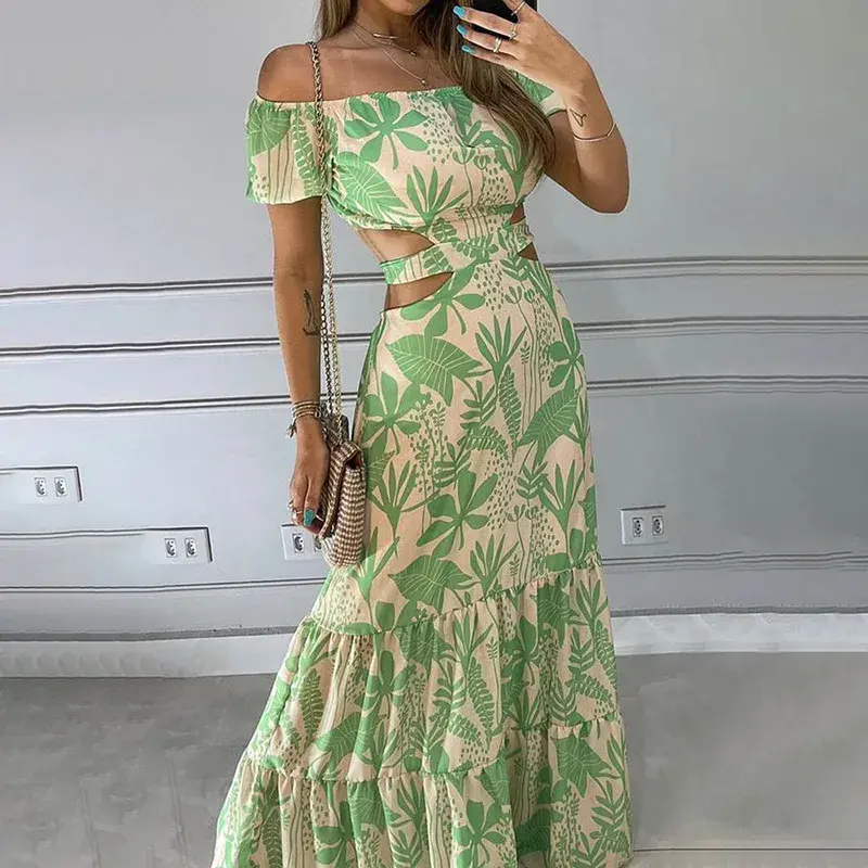 Off-shoulder maxi-jurk met print en open rug met strik
