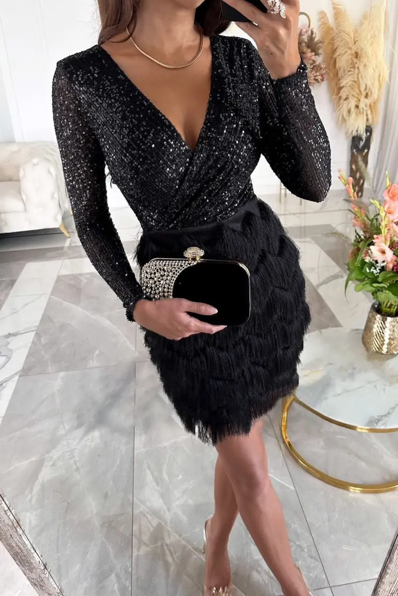 Olivia - Damen Abendkleid mit Mini-Pailletten und Fransen