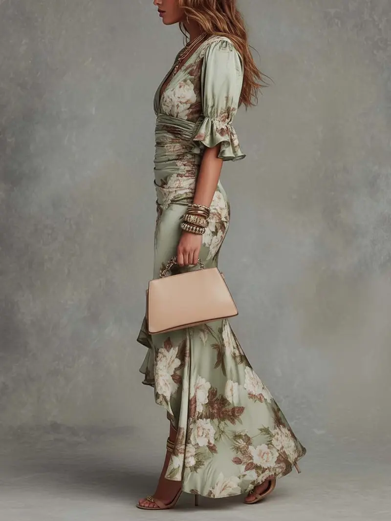Osyra - Seidiges Blumenkleid mit V-Ausschnitt