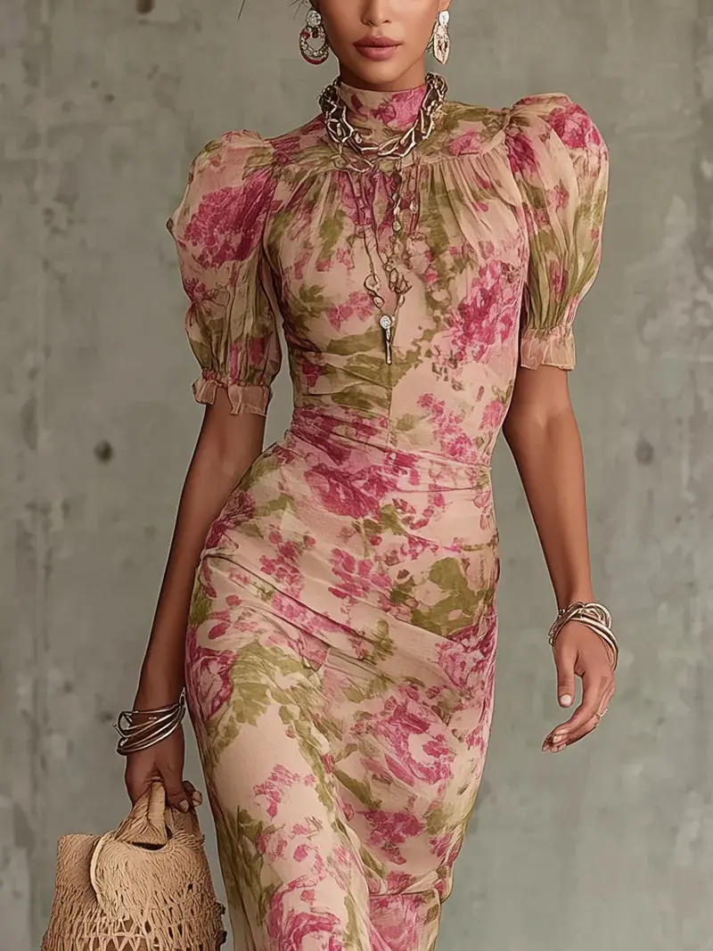 Penelope | Damen Blumen Puffärmel Maxikleid