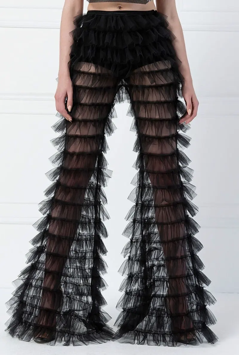 Perspective gelaagde mesh flared broek