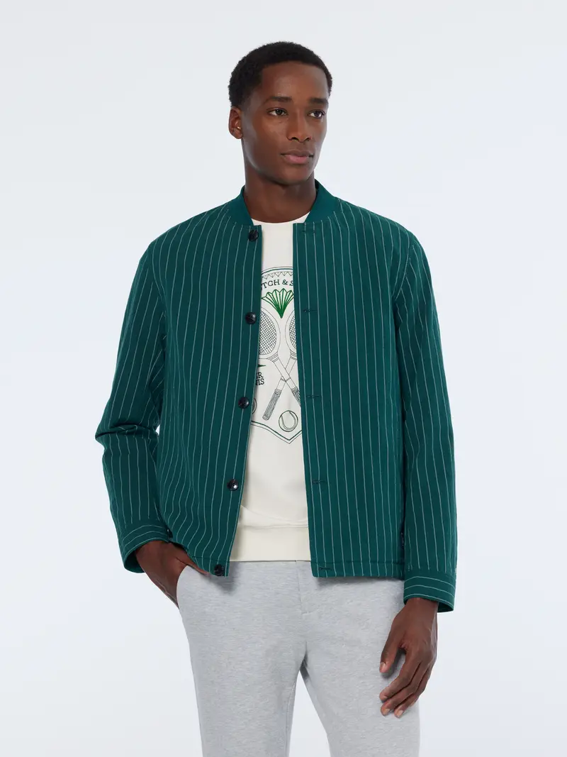 Pinstriped Cotton-Blend Button Up Jacket