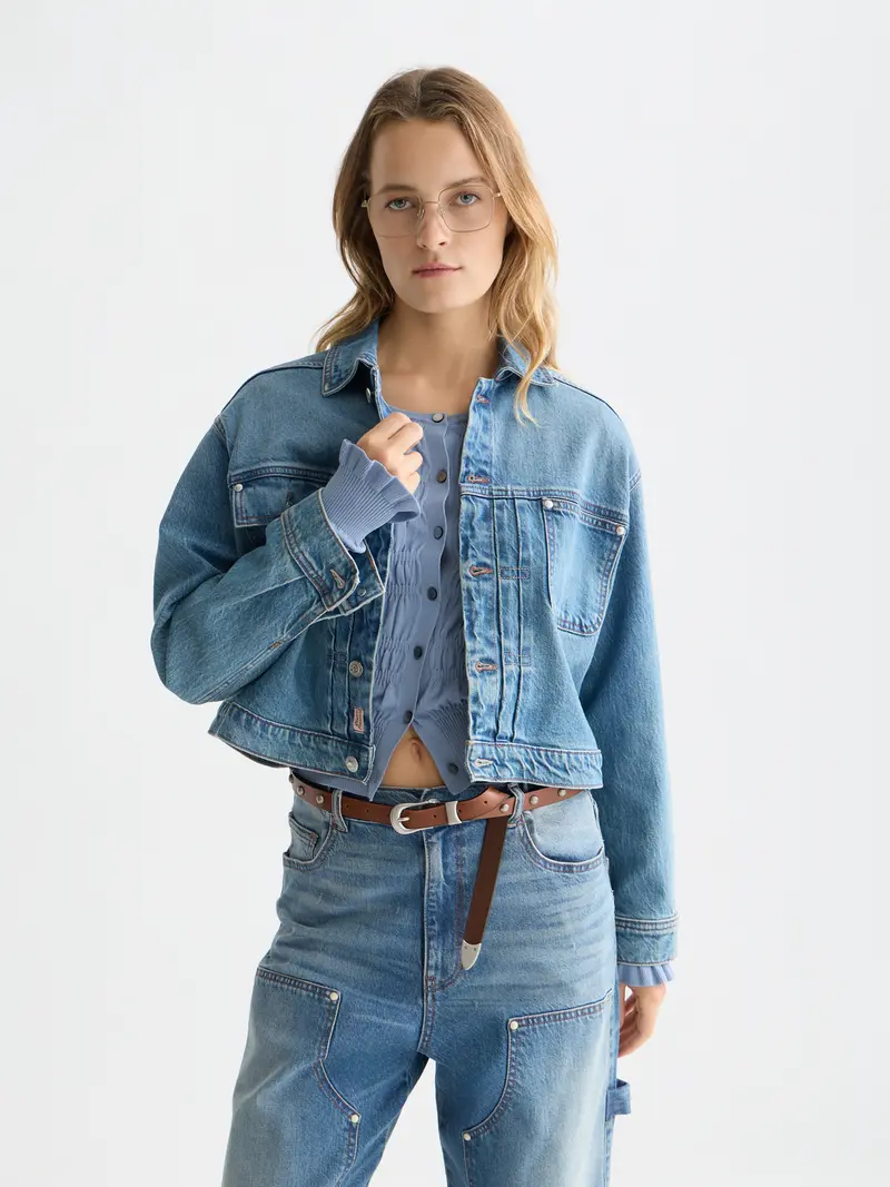 Pleat Front Denim Trucker Jacket