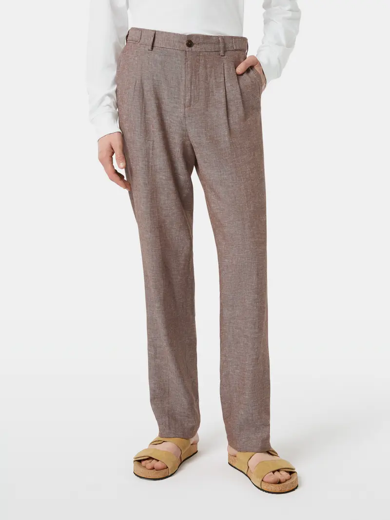 Pleated Straight Cotton-Linen Twill Chino