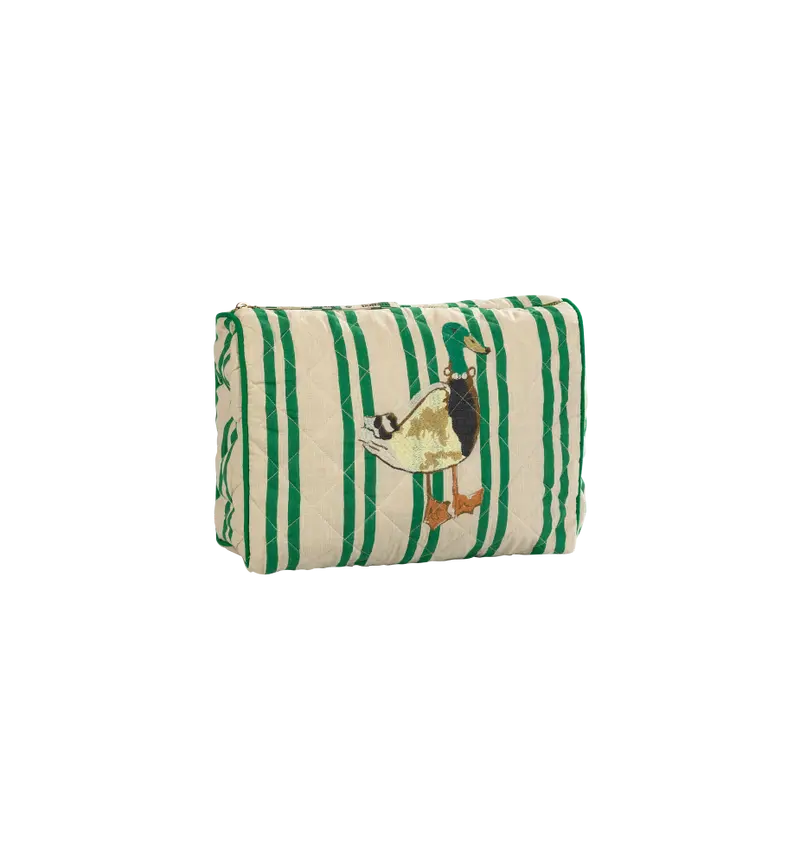Posh Mallard Quilted Wash Bag | Beige - Emerald  Striped