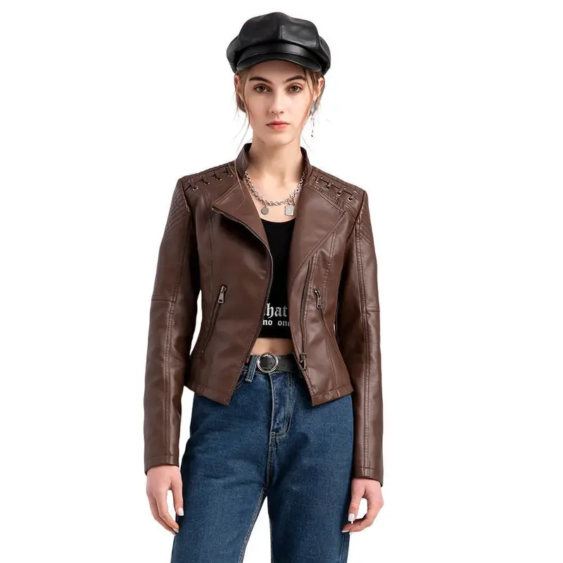 PU-leren korte slim fit damesjack met ritssluiting