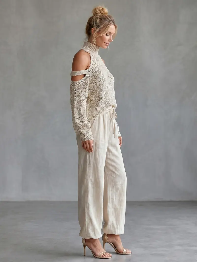 Questa | Offene Schulter Stricktop und Weite Hose Set