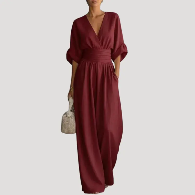 Reena | Damen Jumpsuit Weites Bein V-Ausschnitt Overall