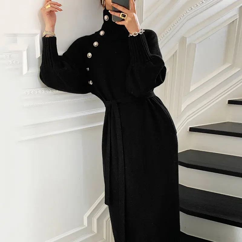Retro Dress High Collar Knitted Waist-Cinching