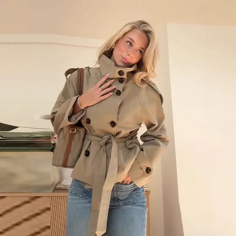 Retro Lapel Double-Breasted Lace-Up Long Sleeve Windbreaker Jacket